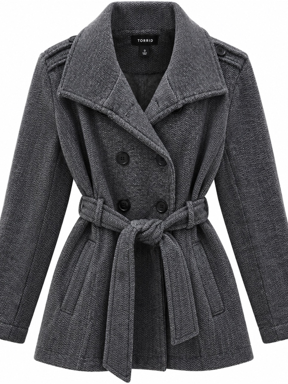 Torrid Size 0 Gray Herringbone Double Breasted Belted Coat NWOT
